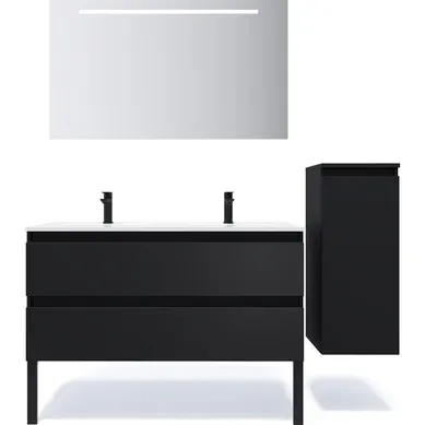 Ensemble Salle De Bain 2 Vasques Posées 120cm 2 Tiroirs Noir + Miroir + Colonne Droite - Hudson