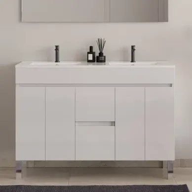 Meuble De Salle De Bain 120cm Double Vasque Sans Miroir - Avec Portes Et Tiroirs - Blanc - Haro Meuble De Salle De Bain 120cm Double Vasque Sans Miroir - Avec Portes Et Tiroirs - Blanc - Haro