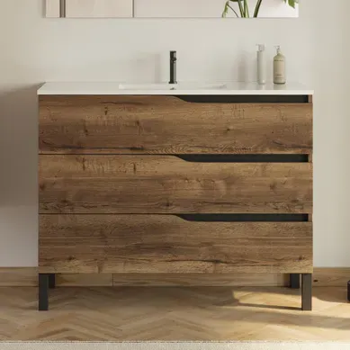 Meuble De Salle De Bain 100cm Simple Vasque - Sans Miroir - 3 Tiroirs - Tabaco - Mata Meuble De Salle De Bain 100cm Simple Vasque - Sans Miroir - 3 Tiroirs - Tabaco - Mata