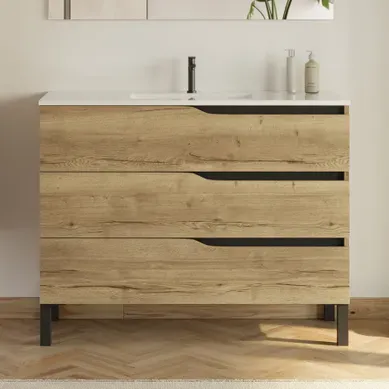 Meuble De Salle De Bain 100cm Simple Vasque - Sans Miroir - 3 Tiroirs - Madera Miel - Mata Meuble De Salle De Bain 100cm Simple Vasque - Sans Miroir - 3 Tiroirs - Madera Miel - Mata