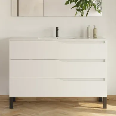 Meuble De Salle De Bain 120cm Simple Vasque - Sans Miroir - 3 Tiroirs - Blanc - Mata Meuble De Salle De Bain 120cm Simple Vasque - Sans Miroir - 3 Tiroirs - Blanc - Mata