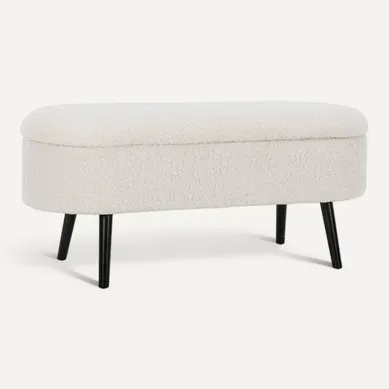 Banc Coffre. Bout De Lit Avec Revêtement Bouclette. écru. Pieds En Bois Noir. L 112 X 44 X 50cm
