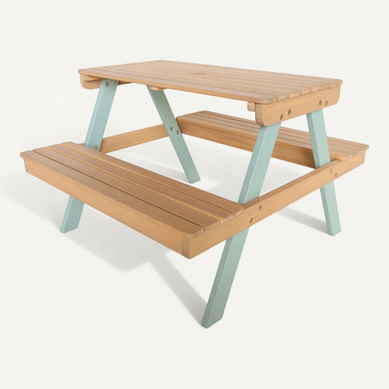 Table De Pique-nique. Salon De Jardin Enfant Bois D'acacia + 2 Places Couleur Teck Clair Et Vert De Table De Pique-nique. Salon De Jardin Enfant Bois D'acacia + 2 Places Couleur Teck Clair Et Vert De