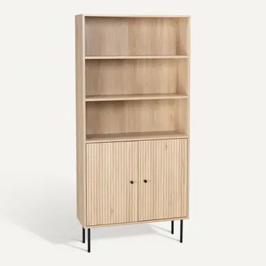 Bibliothèque Décor Bois Rainuré Et Métal Noir 2 Portes 5 étagères H170.5cm