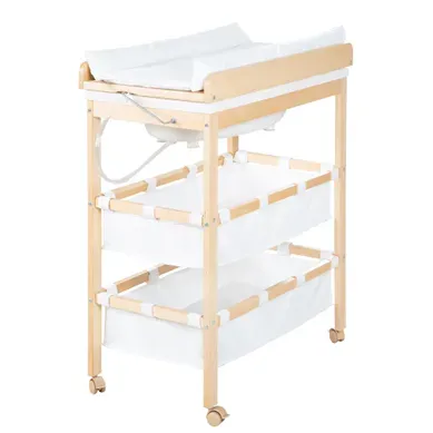Table À Langer Avec Baignoire Baby Pool + Matelas À Langer Blanc - Bois Naturel
