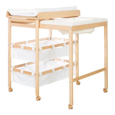 Table À Langer Avec Baignoire Baby Pool + Matelas À Langer Blanc - Bois Naturel
