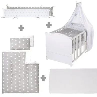 Lit Bébé Évolutif - 70 X 140 Cm - Little Stars - Avec Accessoires - Blanc