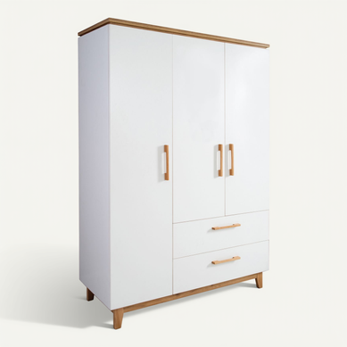 Armoire Finn 3 Portes - 2 Tiroirs - Blanc - Poignées En Bois Massif Armoire Finn 3 Portes - 2 Tiroirs - Blanc - Poignées En Bois Massif