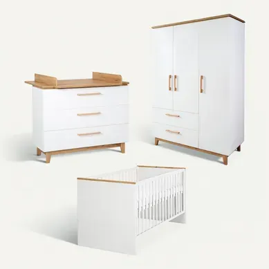 Ensemble De Chambre Finn - Lit Bébé + Commode À Langer + Armoire 3 Portes - Blanc / Effet Chêne Ensemble De Chambre Finn - Lit Bébé + Commode À Langer + Armoire 3 Portes - Blanc / Effet Chêne