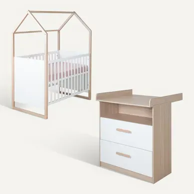 Chambre Bébé Modulable - Lit 60x120 Transformable + Commode À Langer - Blanc Et Chêne - Cabane Chambre Bébé Modulable - Lit 60x120 Transformable + Commode À Langer - Blanc Et Chêne - Cabane