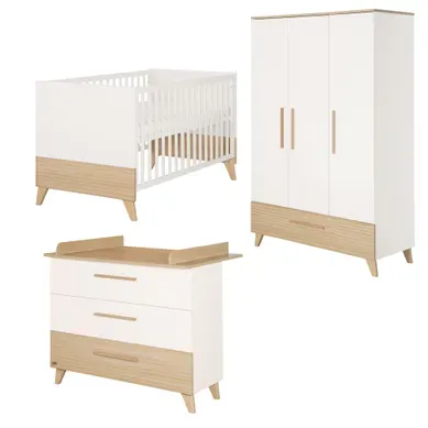 Ensemble Chambre Bébé 'Theo' Trio - Lit 70x140 + Commode à Langer + Armoire - Blanc / Chêne Ensemble Chambre Bébé 'Theo' Trio - Lit 70x140 + Commode à Langer + Armoire - Blanc / Chêne