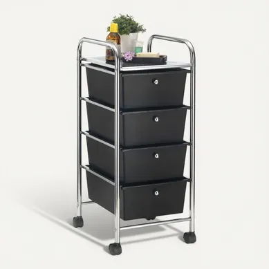 Caisson Sur Roulettes Gina, En Métal Chromé Avec 4 Tiroirs En Plastique Noir Caisson Sur Roulettes Gina, En Métal Chromé Avec 4 Tiroirs En Plastique Noir