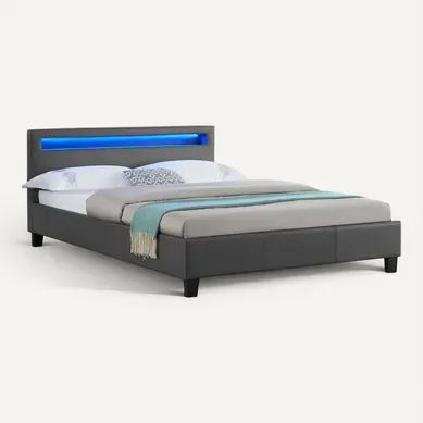 Lit LED Double Rioja 140x190 Cm, Avec Sommier, Revêtement Tissu Gris Lit LED Double Rioja 140x190 Cm, Avec Sommier, Revêtement Tissu Gris