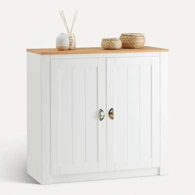 Buffet Bolton Avec 2 Portes, En Pin Massif Lasuré Blanc Et Brun