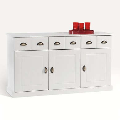 Buffet Paris En Pin Massif, 3 Portes Et 3 Tiroirs, Lasuré Blanc