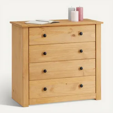 Commode Cancun Avec 4 Tiroirs, En Pin Massif Finition Teintée/cirée Commode Cancun Avec 4 Tiroirs, En Pin Massif Finition Teintée/cirée