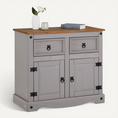 Buffet Ramon Avec 2 Tiroirs Et 2 Portes, Style Mexicain En Pin Massif Gris Et Brun Buffet Ramon Avec 2 Tiroirs Et 2 Portes, Style Mexicain En Pin Massif Gris Et Brun