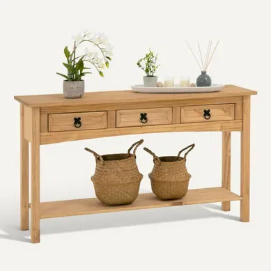 Table Console En Pin Salsa Style Mexicain, Avec 3 Tiroirs