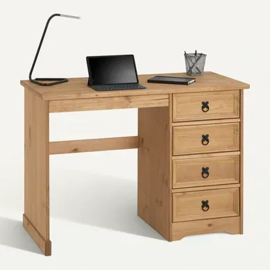 Bureau En Pin Salsa Avec 4 Tiroirs, Style Mexicain, Finition Teintée/cirée Bureau En Pin Salsa Avec 4 Tiroirs, Style Mexicain, Finition Teintée/cirée