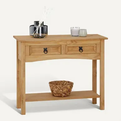 Table Console En Pin Salsa Style Mexicain, Avec 2 Tiroirs