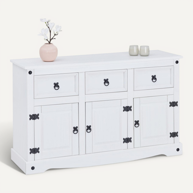 Buffet Rural Avec 3 Tiroirs Et 3 Portes, Style Mexicain En Pin Massif Blanc Buffet Rural Avec 3 Tiroirs Et 3 Portes, Style Mexicain En Pin Massif Blanc