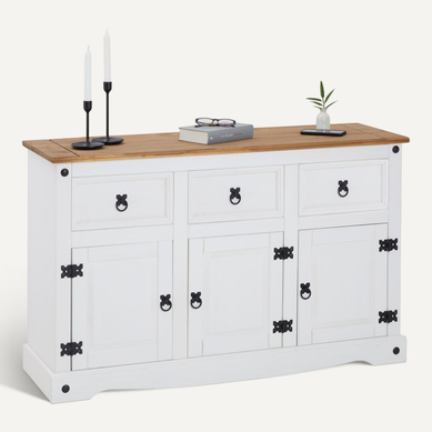 Buffet Campo Avec 3 Tiroirs Et 3 Portes, Style Mexicain En Pin Massif Blanc Et Brun Buffet Campo Avec 3 Tiroirs Et 3 Portes, Style Mexicain En Pin Massif Blanc Et Brun