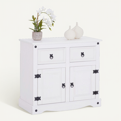 Buffet Rural Avec 2 Tiroirs Et 2 Portes, Style Mexicain En Pin Massif Blanc