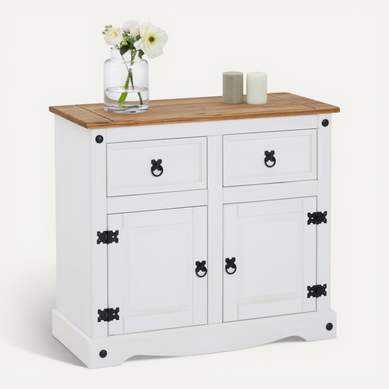 Buffet Campo Avec 2 Tiroirs Et 2 Portes, Style Mexicain En Pin Massif Blanc Et Brun Buffet Campo Avec 2 Tiroirs Et 2 Portes, Style Mexicain En Pin Massif Blanc Et Brun