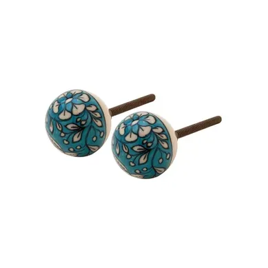 Boutons Ronds En Céramique Fleurs Bleues Et Blanches (lot De 2) Boutons Ronds En Céramique Fleurs Bleues Et Blanches (lot De 2)