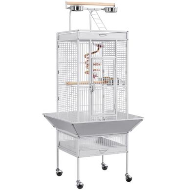 Cage à Oiseaux Sur Pied En Métal Avec Toit Perchoir Cage Pour Perruches à Roulettes, Blanc