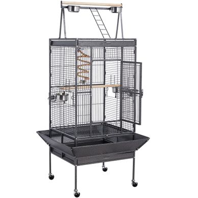 Cage à Oiseaux En Métal Avec Roulettes, Mangeoires, Perchoirs Et Corde Élastique, Noir