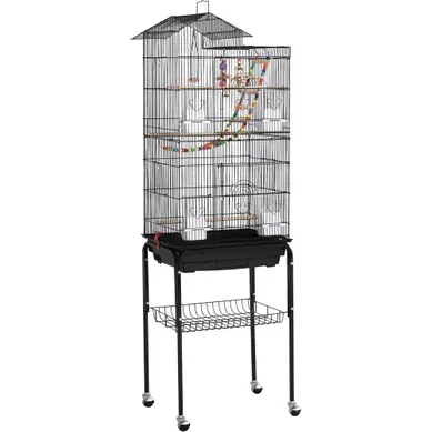 Cage à Oiseaux En Métal Avec Support Détachable à Roulette Et Plateau Coulissant, Noir Cage à Oiseaux En Métal Avec Support Détachable à Roulette Et Plateau Coulissant, Noir