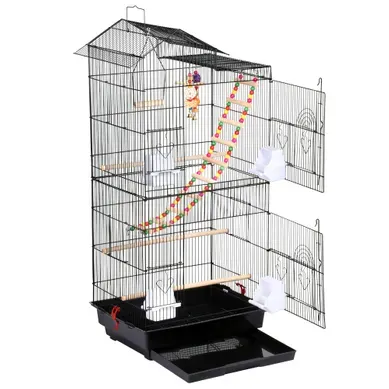 Cage à Oiseaux En Métal Avec Perchoirs, Plateau Coulissant, 2 Grandes Portes, 4 Mangeoires, Noir Cage à Oiseaux En Métal Avec Perchoirs, Plateau Coulissant, 2 Grandes Portes, 4 Mangeoires, Noir