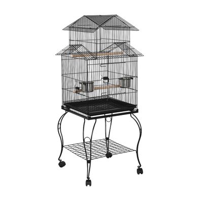 Cage à Oiseaux à Trois Toits En Métal Avec Support Amovible Pour Perroquets, Pinsons, Noir