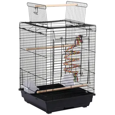 Cage à Oiseaux En Métal Avec Jouet, Corde à Clochette, Perchoirs, Mangeoirs Et Toit Ouvert, Noir Cage à Oiseaux En Métal Avec Jouet, Corde à Clochette, Perchoirs, Mangeoirs Et Toit Ouvert, Noir