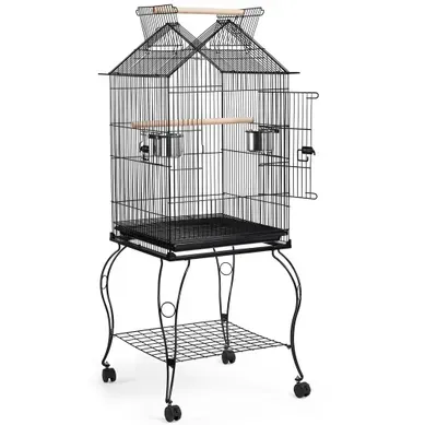 Cage à Perroquet En Métal à Toit Ouvert Avec Roulettes, Perchoirs Et Plateau Coulissant, Noir Cage à Perroquet En Métal à Toit Ouvert Avec Roulettes, Perchoirs Et Plateau Coulissant, Noir