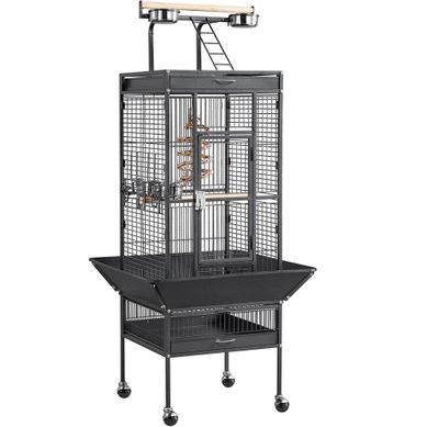 Cage à Oiseaux Sur Pied En Métal Avec Toit Perchoir Cage Pour Perruches à Roulettes, Noir