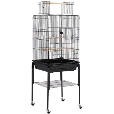 Cage à Perruches En Métal Avec Support Roulant, Étagère De Rangement Et Toit Ouvrable, Noir Cage à Perruches En Métal Avec Support Roulant, Étagère De Rangement Et Toit Ouvrable, Noir