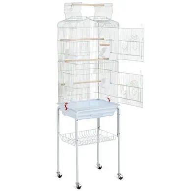 Cage à Oiseaux En Métal à Toit Ouvert Avec Portes Doubles Et Support Roulant Amovible, Blanc Cage à Oiseaux En Métal à Toit Ouvert Avec Portes Doubles Et Support Roulant Amovible, Blanc