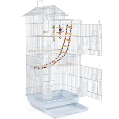 Cage à Oiseaux En Métal Avec Perchoirs, Plateau Coulissant, 2 Grandes Portes, Mangeoires, Blanc