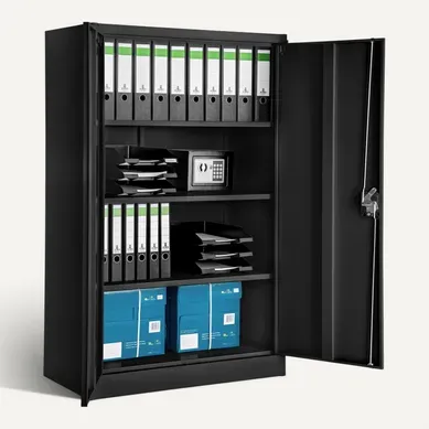 Armoire Métallique De Bureau Verrouillable 4 Niveaux 140x90x40cm Acier Noir Portes Battantes
