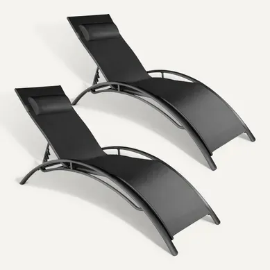 2 Lot De 2 Chaises Longues De Jardin En Aluminium Alina En Polyester, Aluminium Noir