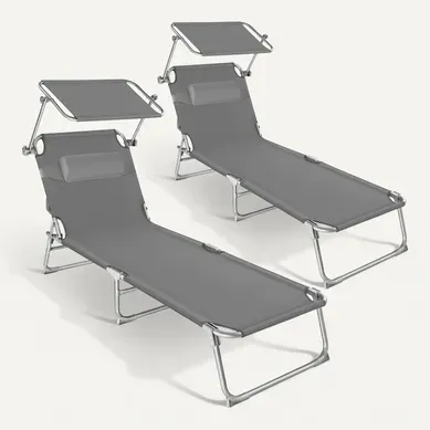 Lot De 2 Transats En Acier Pliant Avec Pare-soleil Et Appuie-tête Amovible Lot De 2 Transats En Acier Pliant Avec Pare-soleil Et Appuie-tête Amovible