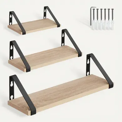 1 Lot De 3 étagères Murales Design Cowell En Panneau Aggloméré Bois Clair Industriel, Chêne Sonoma