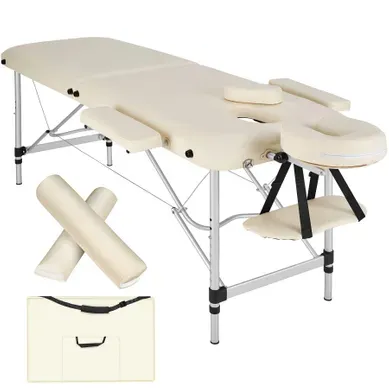 1 Table De Massage Portable Pliante 2 Zones En Aluminium, Cuir Synthétique Beige
