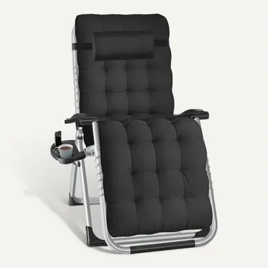 Chaise Longue Pliable Noir Textilène Coussin Amovible Pieds Acier Tablette 84x168x82,5cm Chaise Longue Pliable Noir Textilène Coussin Amovible Pieds Acier Tablette 84x168x82,5cm