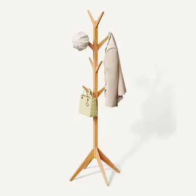 Porte-manteau Sur Pied En Bois Massif. En Forme D’arbre Avec 8 Crochets. 180 Cm. Nature