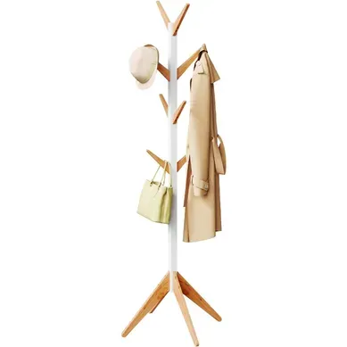 Porte-manteau Sur Pied En Bois Massif. En Forme D’arbre Avec 8 Crochets. 180 Cm. Nature+Blanc
