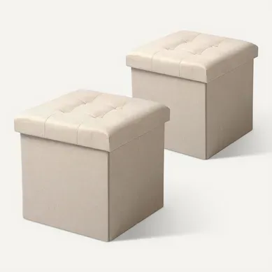 Lot De 2 Tabouret Pouf Coffre De Rangement Pliable En Lin-37.5x37.5x38cm Crème Lot De 2 Tabouret Pouf Coffre De Rangement Pliable En Lin-37.5x37.5x38cm Crème