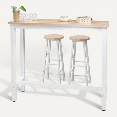 Table De Bar + 2 Tabourets De Bar En Mdf +Métal-Ensemble De Meuble 120x40x100 Cm-Chêne Clair Table De Bar + 2 Tabourets De Bar En Mdf +Métal-Ensemble De Meuble 120x40x100 Cm-Chêne Clair